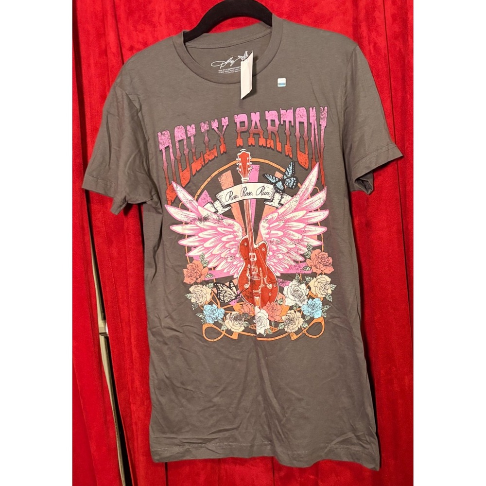 Dolly Parton Graphic T-Shirt Womens Small Gray Good Run Rose Run Guitar Wings